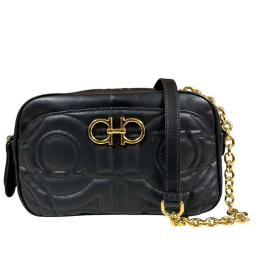 Salvatore Ferragamo Gancini Shoulder Bag Leather Black Chain